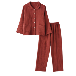 红色本命年结婚新婚睡衣男女春秋季纯棉四层纱布情侣家居服套装