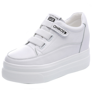 2026春季真皮小白鞋魔术贴百搭坡跟8cm内增高女鞋厚底松糕休闲鞋