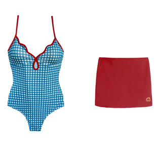 假面猫 娜扎同款泳衣女连体吊带性感露背复古蓝格泰国海边比基尼