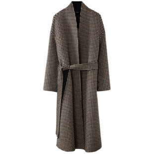 [断码清仓微瑕]长款定制千鸟格羊绒毛呢大衣女素觉外套