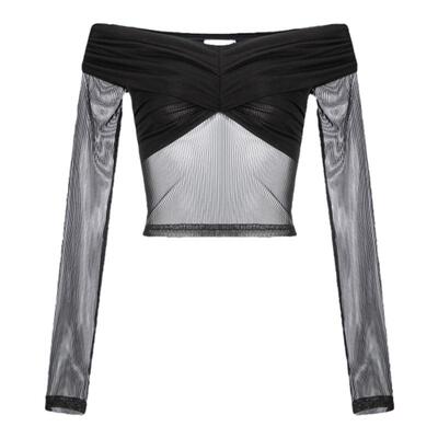 KiwiJadeite 弹力网纱上衣 春夏新款女装时尚设计网纱透视