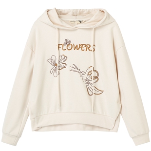 布景卫衣女春季新品简约文艺珠片刺绣侧开叉直筒连帽套头上衣0013