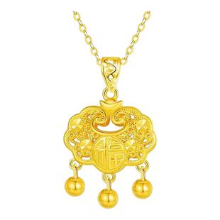 古法沙金项链女如意平安锁吊坠黄金色宝宝福字长命锁仿真金锁骨链