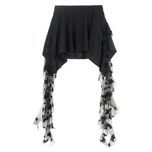 KEIKO 酷飒轻纱拼接不规则半身裙早秋出游灵动蝴蝶小碎花百褶短裙