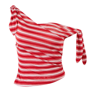 PynkiSwear 条纹不规则上衣肩部系带修身斜T恤