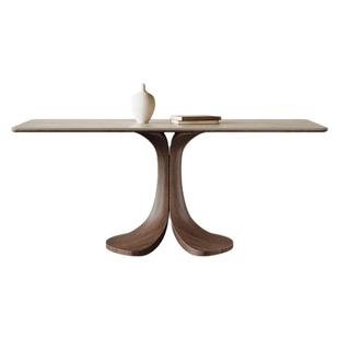 中古风实木餐桌长方形现代简约胡桃色贴皮全托哑光洞石岩板餐桌椅