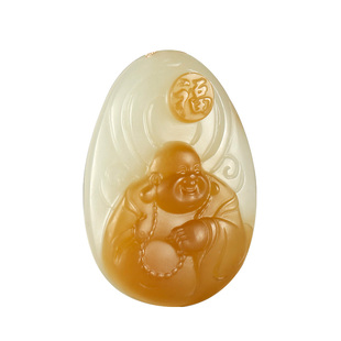 玉说和田玉佛公吊坠女款玉坠糖青白玉摘色福字弥勒笑佛玉佩玉挂件