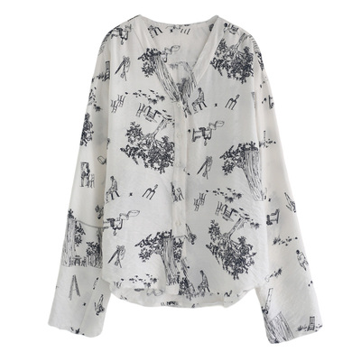 徐大脸吖定制 艺术感插画印花上衣女春黑白宽松慵懒感长袖花衬衫