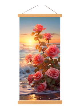 新款唯美花海浪漫粉红色玫瑰花挂画客厅书房玄关装饰画布艺挂轴画