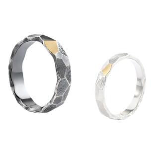 斯吾银饰 情侣对戒山石999纯银戒指男古风复古银饰指环尾戒定制