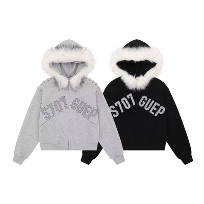 原创字母钉珠可拆卸毛领外套男女