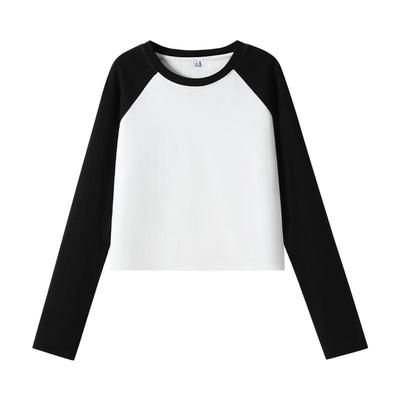 班尼路撞色长袖T恤女2026春季新款小个子短款修身显瘦上衣打底衫Q