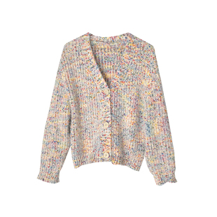 超美！彩色花线~软糯V领针织开衫女秋冬新款韩系气质百搭外套上衣