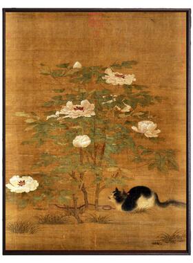 沙漠玫瑰狸图富贵花狸中古法式猫咪书房新中式茶室挂画复古装饰画