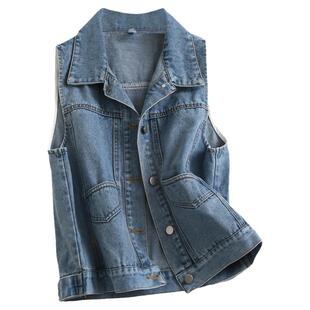 蓝色前口袋翻领单排扣无袖坎肩牛仔外套百搭休闲女马夹马甲N950