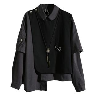 秋冬原创设计假两件衬衫个性潮牌原宿机能风不规则嘻哈痞帅衬衣男