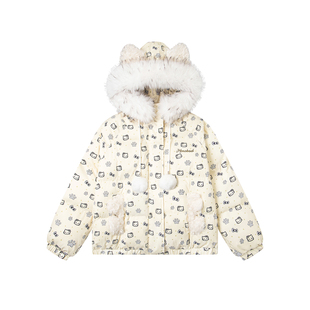 文文不乖原创卡通可爱kitty满印猫爪毛领连帽棉服女秋冬加厚棉衣