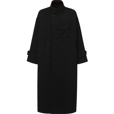 PAJA复古立领廓形黑色风衣70%羊毛早春长款外套