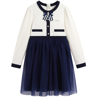 英氏女童连衣裙2026新款春季长袖中大童装拼接网纱洋气公主裙子潮