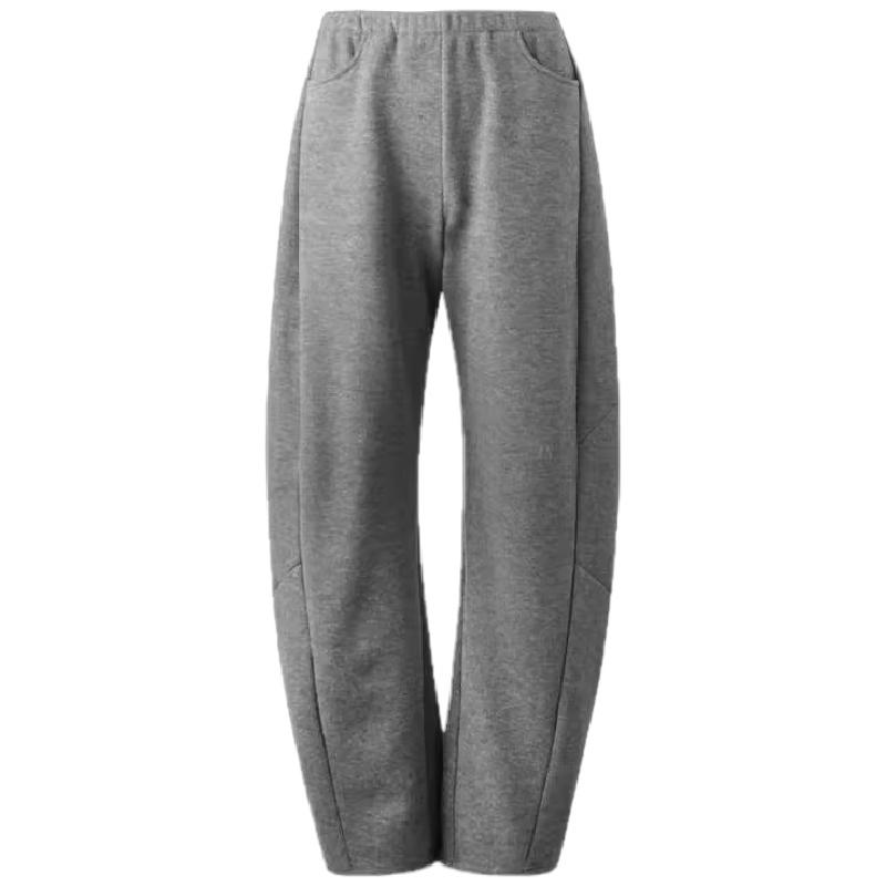 ourhour 分割弧形裤腿 灰色松紧腰宽松抓绒弯刀裤 女冬设计感卫裤