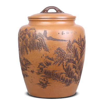 宜兴大缸黑朱砂如意带木架底座