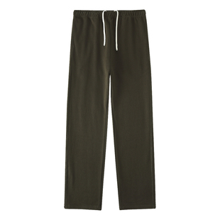 暗绿色秋冬480g碳素磨毛紧密手抓一体绒宽松长裤简约松紧腰直筒裤