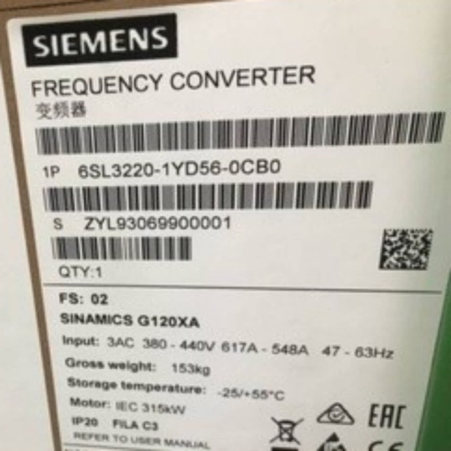 议价6SL3220-1YD56-0CB0 351KW西门子G120XA风机泵专用变频器现货
