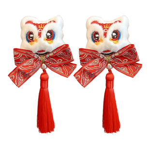 儿童醒狮流苏蝴蝶结发夹女童前额新年汉服古风珍珠边夹拜年头饰女