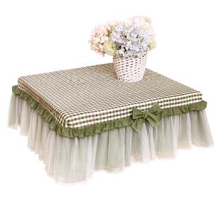 芥末绿格子蕾丝田园布艺纯棉方桌布餐桌布台布床头柜罩茶几罩柜罩