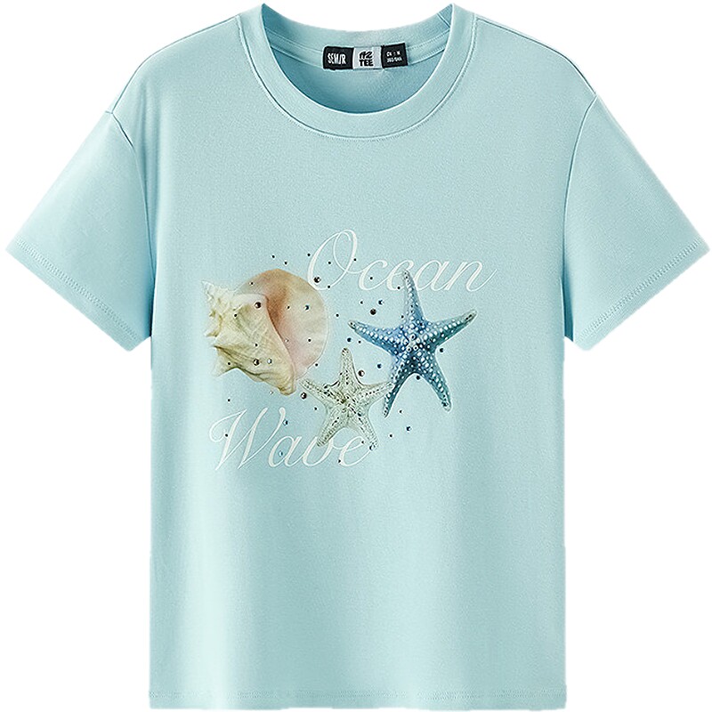 凉感T|森马短袖T恤女短款图案小个子度假风2025新款修身烫钻夏装