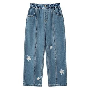 安奈儿童装女童牛仔裤秋新款弹力裤子中蓝色时尚休闲宽松长裤