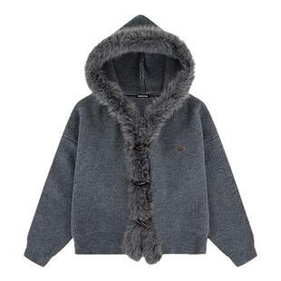 i.tGROUNDZERO秋冬保暖色圆毛领加长连帽开衫毛衣长袖针织衫女