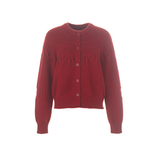 wana try绵羊毛慵懒感绞花针织开衫红色2025冬季新款百搭女款上衣