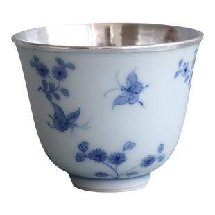 纯银时代 青花舞蝶纯银内胆杯足银999品茗主人杯中式家用茶杯90ml