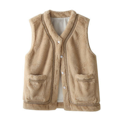 韩版皮毛一体马甲外套女秋冬2025新款v领保暖叠穿毛茸茸坎肩马夹