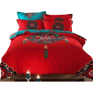 月诺家纺加厚磨毛红色结婚庆床品新中式床上用品纯棉全棉四件套件