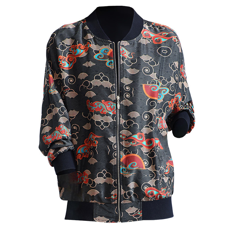 祥云印花棒球服桑蚕丝绸夹克开衫