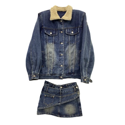 羊羔毛领加棉牛仔外套短裙两件套