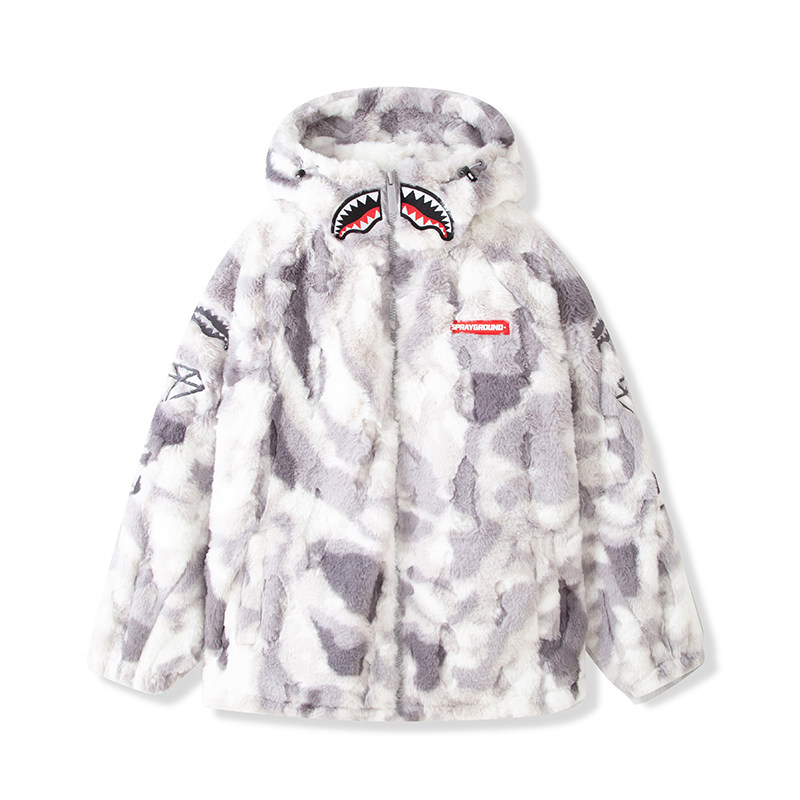 SprayGround明星同款毛毛棉服男外套秋冬鲨鱼嘴男女情侣毛绒棉衣