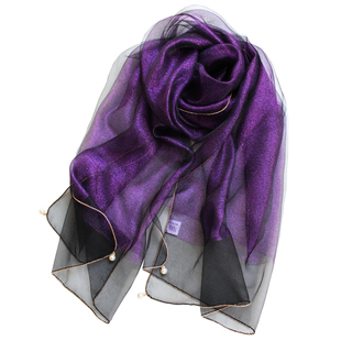 专柜紫色高档双层真丝丝巾钻珠桑蚕丝围巾礼服披肩长款百搭女春夏