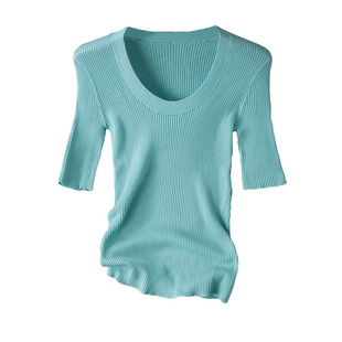 简单篙及~微露锁骨U形领弹性螺纹扬子纱中袖套头美丽诺针织衫春夏