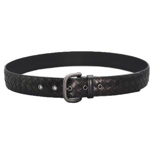 头层小牛皮编织皮带男士青年休闲腰带针扣百搭黑色真皮男腰带bv30