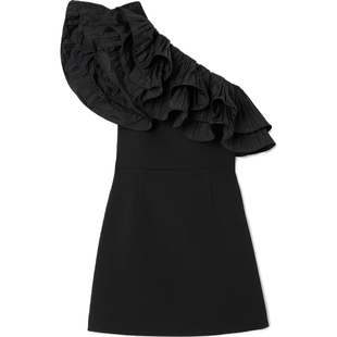 Rebecca Vallance女士单肩荷叶边迷你小黑裙连衣裙