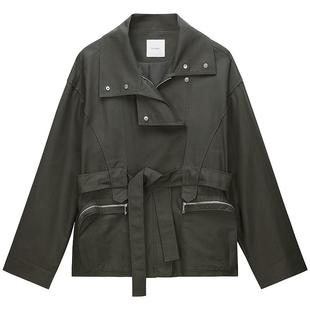 【季末折扣】欧时力100%匹马棉猎装夹克外套中长款腰带2025秋冬新