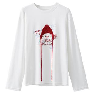 夕蒙2026新款春季韩系气质上衣小个子绝美小众白色小狗长袖t恤女