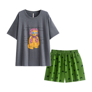 悦内睡衣女夏季短袖短裤纯棉新款家居服圆领时尚休闲卡通猫可外穿
