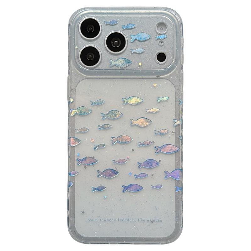 jze夏天ins风透明鎏金小鱼带链条适用苹果17ProMax手机壳简约iphone15新款16pro女17pro创意14全包防摔手机套
