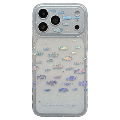 jze夏天ins风透明鎏金小鱼带链条适用苹果17ProMax手机壳简约iphone15新款16pro女17pro创意14全包防摔手机套
