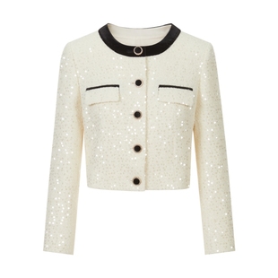 LIME莱茵撞色亮片花呢直筒短截上衣米白色2024秋新款优雅时髦外套