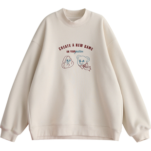 初中生2025冬季新款女大童圆领学院卡通加绒洋气卫衣长袖保暖上衣